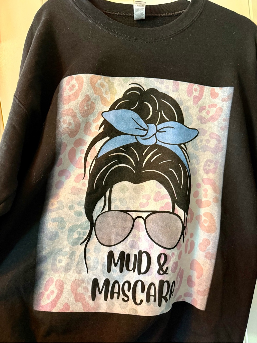 Gildan Black Mud and Mascara Sweatshirt with Blue Bandana and Pink Leopard Panel